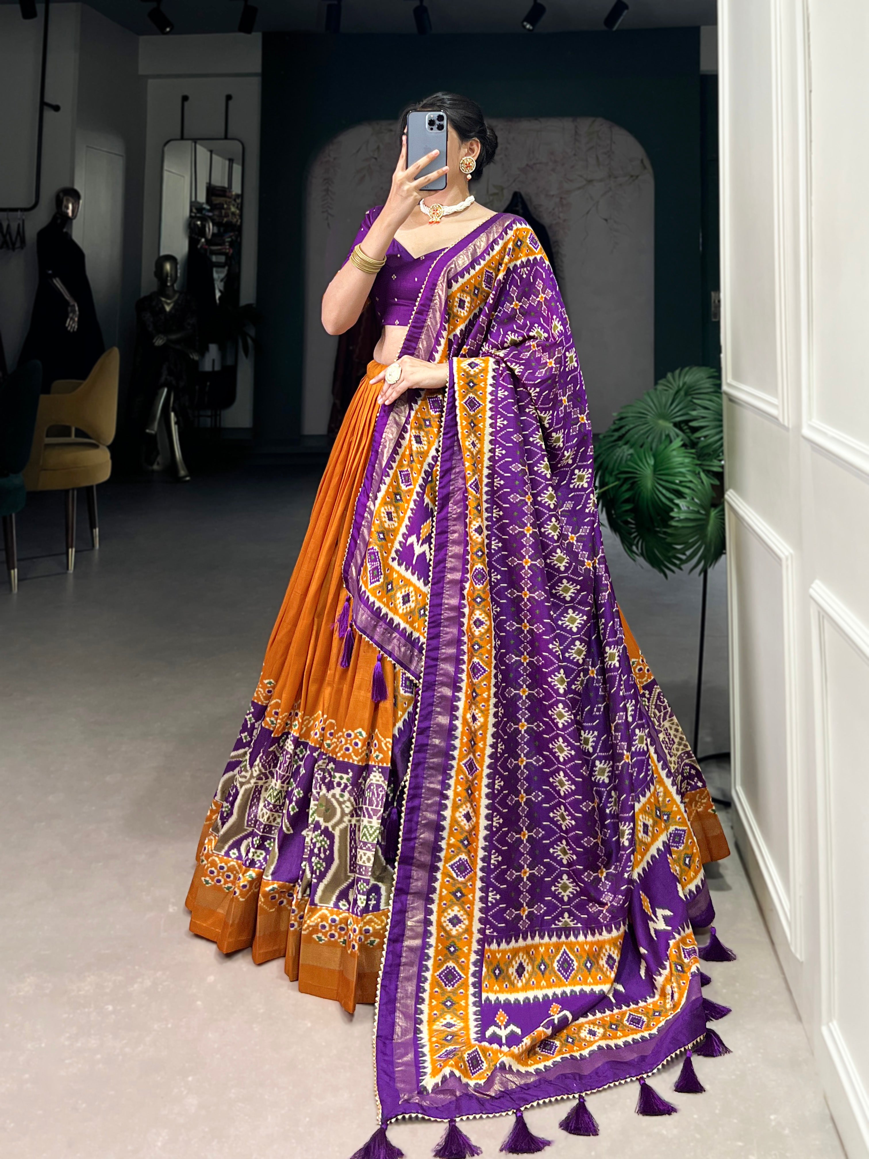 πͺ· Infuse Your Wardrobe with Southern Grace πͺ· Silk Kalamkari Print Lehenga Choli with Foil Work Border - Navratri